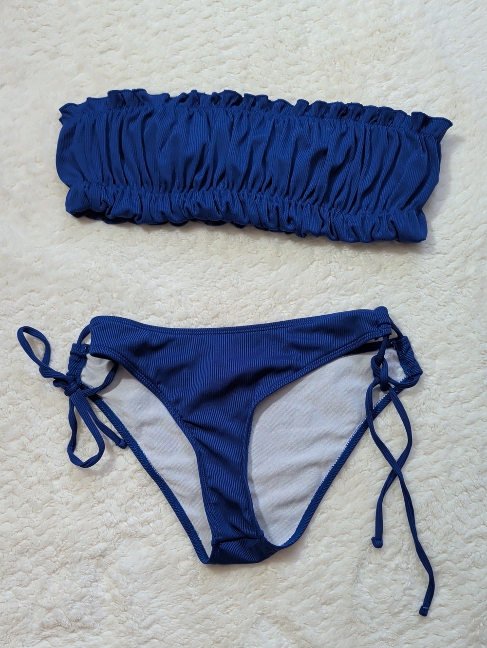 Girls Blue Ruched Bandeau Bikini Set with Tie-Side Bottoms